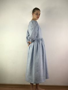 "Spring dress, Handmade sky blue wrap dress with long sleeves and 2 pockets , perfect for casual wear and suitable for any occasion in any season Details: - 100% natural linen produced in Europe ; - medium weight (180 gram per square meter); - color: sky blue, could be any from our colors catalog (color samples at the photo); Made to order, approximately a few days, If you have any questions please message me and I will be glad to answer. Size guide : Size XS Bust: fits bust around 33\"-34\"/ 84 Casual Wrap Dress, Wrap Dress Casual, Linen Casual Dress, Summer Wrap Dress, Blue Linen Dress, Linen Dress Summer, Linen Wrap Dress, Blue Wrap Dress, Long Sleeves Dress