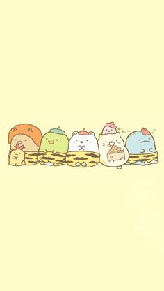 a group of cartoon cats sitting on top of each other in front of a yellow background