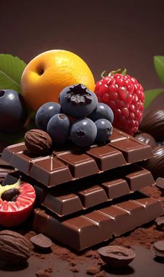 chocolate, fruit and nuts are arranged on top of each other in this still life photograph