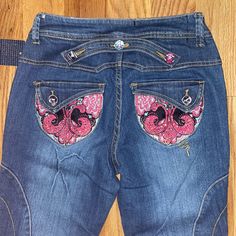 These Are New And Super Stretchy Denim Jeans With Pink Rhinestone At The Back Pocket And Button Closure At The End Of The Legs. Please Note, The Waistband Logo Is Not Attached To This Although The Outline Stitching Is There. View Last Pic. 98%,4% Spandex( Very Stretchy) Pink Y2k Style Denim Jeans, Vintage 2000s Aesthetic, Y2k Low Rise Jeans, Denim Rhinestone, Dark Wash Jeans Women, Flair Jeans, 2000s Aesthetic, Embellished Jeans, Vintage 2000s