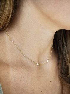 This dainty Herkimer Diamond necklace is elegant, timeless and the perfect necklace for everyday wear. Featuring AAA grade, super clear Herkimer Diamonds on your choice of sterling silver, 14k gold filled or 14 k rose gold filled chain. This unique and dainty necklace features five tiny genuine herkimer diamonds evenly spaced on a quality chain to perfectly drape your neckline and sparkle at every angle.   Perfect as a layering necklace or beautiful on its own! *About Herkimer Diamonds* Herkimer Dainty White Cubic Zirconia Necklaces, White Dainty Cubic Zirconia Necklace, Dainty White Cubic Zirconia Necklace, Classic Diamond Necklace With Pearl Chain For Weddings, Classic Wedding Diamond Necklace With Pearl Chain, Delicate Cubic Zirconia Diamond Necklace With Delicate Chain, White Dainty Necklace With Diamond Accents, Dainty White Necklace With Diamond Accents, Elegant Crystal Necklace With Delicate Chain