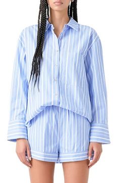 An oversized fit enhances the weekend-ready appeal of a breathable cotton button-up shirt covered in serene stripes. Front button closure Spread collar Long sleeves with button cuffs Chest patch pocket Hand wash, line dry 100% cotton Imported Stripe Long Sleeve, Oversized Shirt, Striped Long Sleeve, Stripes Design, Patch Pocket, Quality Fabric, Button Up Shirts, Button Up, Lab