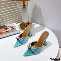 Olivia Mark – Womens Water-drilled Fish-mouth Peep-toe Suede and Satin Slip-on Heels and Flat Sandals;. Luxury Designer Shoes, Pointed Pumps, Butterfly Knot, Spool Heel, Point Shoes, Pu Heels, Lace Up Booties, Blue Sandals, Satin Slip