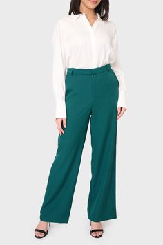 Get the casual work pant you’ve always wanted, style the Stretch Twill Trouser with your favoritye top and wear these trousers and be prepared for any and all occasions. Created in collaboration with Lindsey of The Motherchic. 96% Polyester | 4% Spandex Delicate Wash Cycle, Dry Flat. Inseam 31"; Front Rise 11"; Back Rise 15 1/4" (size small) Jorgen is 5'5 and wearing size XXS in BlackKrychele is 5’6 and wearing XL in BlackSabrina is 5'7 and wearing XXS in Hunter Green Green Straight Pants For Work, Green Wide-leg Workwear Pants, Green Relaxed Fit Pants For Workwear, Green Ankle-length Dress Pants For Work, Green Wide Leg Dress Pants For Office, Trendy Wide Leg Dress Pants For Workwear, Green Trousers For Work, Wide-leg Dress Pants For Workwear With Relaxed Fit, Trendy Relaxed Fit Wide Leg Pants For Work