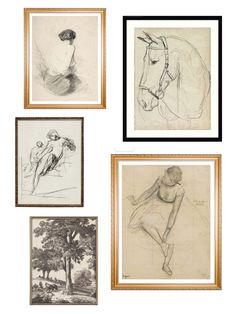 six framed drawings of women in various poses