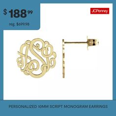 Your initials or the ones of someone you love can be displayed in these script monogram earrings.Personalize: Must be 3 initials. Initials will appear exactly in the order entered; center initial will be enlarged.# Pieces In Set: 1 PairIncluded: 2 Earring Stud(s)Features: Personalized, MonogrammableEarring Back: PostMetal Color: YellowEarring Length: 10mmEarring Width: 10mmCare: Wipe CleanEarrings Type: Post EarringsEarrings Style: Stud EarringsMetal: 10k GoldAssembled in the US from Imported M… Monogram Earrings, Script Monogram, Monogram Jewelry, Earring Stud, Earrings Stud, Love Can, Made In America, In America, Initials