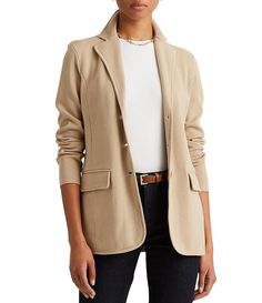 Lauren Ralph Lauren Notch Lapel Long Sleeve Cotton Knit Blazer | Dillard's Tan Blazer Outfits, Fun Outfits, Capsule Wardrobe Essentials, Sweater Blazer, Summer Work Outfits, Casual Work Outfit, Ralph Lauren Women, Cotton Blazer, Stylish Work Outfits