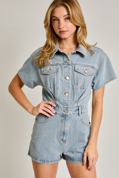 Introducing your new go-to: the One and Only Denim Romper in chic white or perfectly lived-in denim. Packed with must-haves, it crushes with essential side pockets and a waist-defining button fly – because convenience and style go hand in hand. This romper remembers highlighting your curves and femininity while giving that 2024 boxy trend. It's the best of both worlds. Short Sleeves 100% Cotton Denim Fabrication Collared Neckline Belt Loops Button Fly Waist Pocketed Side and Top Pockets Short Ro Trendy Medium Wash Denim Top With Pockets, Spring Medium Wash Denim Top With Buttoned Pockets, Spring Denim Top With Buttoned Pockets In Medium Wash, Relaxed Fit Denim Top With Buttoned Pockets, Spring Denim Top With Snap Buttons, Trendy Dark Wash Denim Top With Pockets, Chic Dark Wash Denim Top With Pockets, Medium Wash Button-up Jeans With Pockets, Light Wash Denim Top With Buttoned Pockets