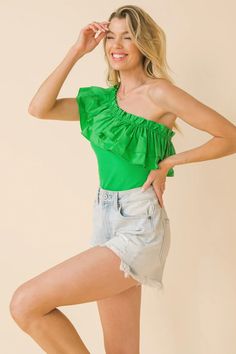 PERFECT VOYAGE BODYSUIT l FLYING TOMATO | Flying Tomato One Shoulder Neckline, Ruffle Bodysuit, Flying Tomato, Fitness Models, One Shoulder, Voyage, Spandex, Green, Women's Top