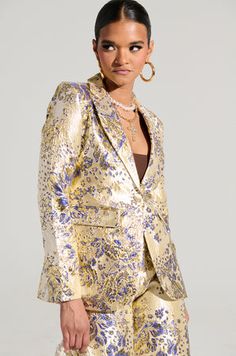 GOLDIE BROCADE BLAZER Glamorous Spring Wedding Blazer, Glamorous Gold Formal Blazer, Glamorous Gold Blazer For Formal Occasions, Glamorous Fitted Outerwear With Notch Lapel, Fitted Jacquard Blazer For Spring, Chic Fitted Metallic Blazer, Elegant Metallic Blazer For Night Out, Chic Gold Blazer With Notch Lapel, Jacquard Party Blazer