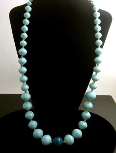 Elegant Light Blue Necklace With Beaded Chain, Light Blue Single Strand Necklace With Round Beads, Elegant Light Blue Jewelry With Large Beads, Light Blue Necklaces With Large Round Beads, Elegant Light Blue Beaded Chain Necklaces, Light Blue Necklace With Large Round Beads, Elegant Light Blue Beaded Chain Necklace, Blue Single Strand Long Beaded Necklace, Blue Long Single Strand Beaded Necklace