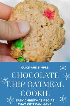 a hand holding a cookie with the words chocolate chip oatmeal cookie on it