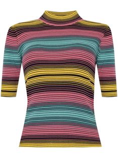 multicolour cotton fine knit horizontal stripe pattern elbow length high neck Spring Striped Ribbed Knit Top, Fitted Horizontal Stripe Crew Neck Top, Fitted Striped Ribbed T-shirt, Striped Ribbed Crew Neck T-shirt, Striped Stretch Knit Top With Crew Neck, Striped Stretch Turtleneck Top, Multicolor Tops With Contrast Stripes For Spring, Multicolor Horizontal Stripe Tops For Spring, Fitted Striped Crew Neck Knit Top