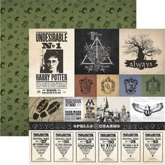 the harry potter poster is shown in multiple colors and sizes, including black, white, green