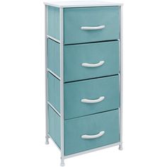 three drawers with white handles on each side and light blue drawers on the other side