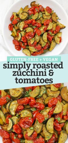 two plates filled with roasted zucchini and tomatoes