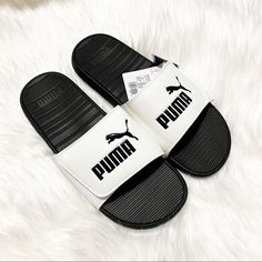 Nwt Size 12 White/Black Slip On. Slip Off. Featuring A Lightweight Eva Outsole And Textured Foot Bed With Padded Strap For Optimal Comfort. Puma Flip Flops, Puma Slippers, Puma Shoes Mens, Puma Sandals, Puma Slides, White Slides Sandals, Mens Slide Sandals, Boys Slippers, Shoes Puma