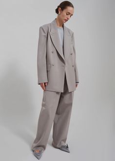 Adair Trousers - Grey – The Frankie Shop Workwear Pantsuit With Pockets And Suit Collar, Office Wear Bottoms With Pockets And Suit Collar, Tailored Office Pantsuit With Pockets, Classic Structured Pants For Workwear, Classic Structured Work Pants, Tailored Business Pantsuit With Pockets, Tailored Structured Business Pants, Lapel Collar Pantsuit With Pockets For Work, Double-breasted Semi-formal Pantsuit With Pockets