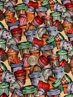 an image of many colorful cups and pots on a tablecloth with a penny in the middle