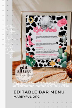 the disco cowgirl editable bar menu