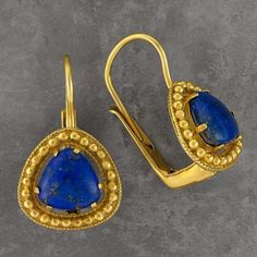 Victorian artisans made the most of blue and gold. Here a cabochon lapis stone is encircled by beads of gold vermeil 24k gold over sterling silver. European backs for pierced ears. Length: 1 " Lapis Stone, Lapis Lazuli Earrings, Small Earrings, Hand Made Jewelry, Blue And Gold, Turquoise Earrings, Clothing Ideas, Pierced Ears, Stone Earrings