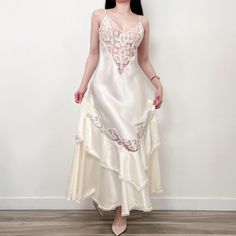 ᥫ᭡ FREE SHIPPING WORLDWIDE ᥫ᭡ SIZING:  Label M MEASUREMENTS- taken with dress lying flat Armpit to armpit: 32-38" (doubled); has stretch Waist: 26-32" (doubled); has stretch Hip: 42" Length: 54" CONDITION: Very good! (there are faded yellow stain and small stretch marks at the back, see last picture)   Model is 5'6" with a 34C/36B bust. ✿ This piece has been freshly cleaned and is ready to wear. ✿ Please DM your  phone number for international shipping. ✿ Return, exchange, and refund are not acc Slip Wedding Dress, Label M, Wedding Honeymoon, Lace Dress Vintage, Vintage Nightgown, Ivory Lace, Vintage Lace, Dress Clothes For Women, Bridal Wedding