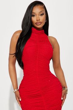 Yodit Yemane Dress, Glamorous Sleeveless Ruched Bodycon Dress, Glamorous Sleeveless Ruched Mini Dress, Sleeveless Mini Dress For Holiday Party, African Women Hair, Rhinestone Maxi Dress, Turtle Neck Sleeveless, Holiday Party Fashion, Red Maxi Dress