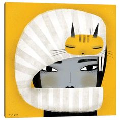 a yellow and white poster with two cats on top of each other's head