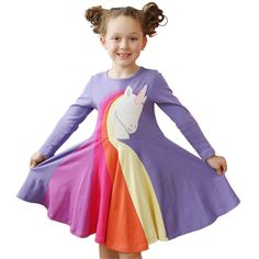 Girl/Toddler Long Sleeve Casual Cartoon Princess Dress Rainbow Stripe Print Dress Suitable for 3-7 Years Old Lavender 3T-4TColor: lavender; red; rose red; yellowFeatures:1. Selected fabrics, using high-quality cotton as raw materials, soft, comfortable and healthy.2.95% cotton content, with high elasticity and stretchability, excellent durability, moisture absorption, refreshing and comfortable wearing.3. Comfortable neckline design, cartoon print princess dress4. A-line revolving skirt, unicorn Cute Long Sleeve Cotton Dress, Pink Long Sleeve Twirl Dress For Summer, Multicolor Summer Dress For School, Spring Multicolor Whimsical Princess Dress, White Long Sleeve School Dress, Cute Cotton Princess Dress For Dress-up, Multicolor Princess Dress For Spring Dress-up, Multicolor Princess Dress For Dress-up In Spring, Playful Purple Princess Dress For Summer