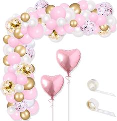 pink, gold and white party decorations including balloons, confetti, streamers and ribbons