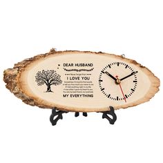 a wooden clock with the words dear husband and i love you