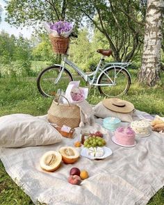 a picnic blanket with fruit and cake on it in the grass next to a bicycle