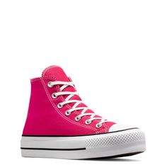 Hot Pink Converse Platform, Pink Converse Shoes, Neon Pink Converse, Pink Converse High-top Sneakers For Sports, Bright Pink Converse, Hot Pink Converse, Converse High-top Pink Canvas Shoes, Black Platform Sneakers, Chuck Taylor All Star Lift