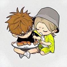 two cartoon characters sitting on the ground eating food