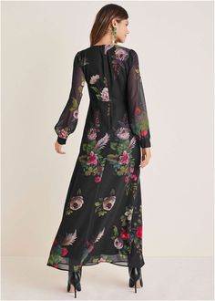 Floral High-Low Maxi - Autumn Petals – VENUS Floral Dress Winter, Puffed Long Sleeves, Next Holiday, Go Ahead, Floral Maxi, Black Maxi Dress, Floral Maxi Dress, Holiday Party, Mother Of The Bride