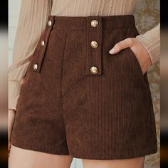 Women's Brown Double Buttoned Corduroy Shorts New In Boutique 1940s Shorts, Brown Corduroy Shorts, Corduroy Top, Hippie Pants, Corduroy Shorts, Dress Shorts, Brown Corduroy, Brown Shorts, Belted Shorts