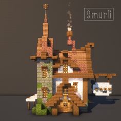 an image of a small house made out of wood and bricks with the words smurf above it