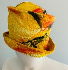 Felt hat, 56 cm circumference, Medium Fitted Yellow Hat For Fall, Unique Fitted Brimmed Hat, Yellow Brimmed Hat For Fall, Unique Fitted Hat With Curved Brim, Adjustable Yellow Brimmed Felt Hat, Adjustable Brimmed Yellow Felt Hat, Adjustable Yellow Felt Hat With Short Brim, Adjustable Yellow Wide Brim Felt Hat, Unique Fitted Hats With Short Brim