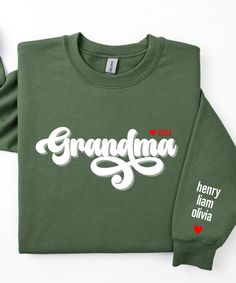 Primary photo = Sweatshirt "Military Green" ♥PRODUCTION TIME: 1-5 days (usually 2-3 days) ♥SHIPPING TIME: 2-5 days (usually 3 days) ♥PRODUCT DESCRIPTION: The Gildan 18000/18500 is ideal for any situation, a unisex heavy blend crewneck sweatshirt/hoodie is pure comfort. These garments are made from polyester and cotton. This combination helps designs come out looking fresh and beautiful. The collar is ribbed knit, so it retains its shape even after washing. There are no itchy side seams on these Green Long Sleeve Sweatshirt With Lettering, Green Crew Neck Sweatshirt With Lettering, Green Long Sleeve Tops With Name Print, Grammy Sweatshirt, Nana Sweatshirt, Grandma Sweatshirt, Personalized Grandma, Grandma Gift, Grandma Gifts