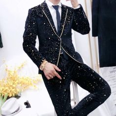 Material: COTTON Material: Polyester Clothing Length: REGULAR Closure Type: Single Breasted Model Number: L3111 Sleeve Length(cm): Full Style: Casual Tailored Gold Suit For Party, Gold Tailored Suits For Party, Tailored Spring Party Tuxedo, Black Spring Wedding Suit, Gold Tuxedo Suit For Party, Fitted Tuxedo Blazer For Party Season, Black Wedding Suit For Spring, Elegant Formal Pantsuit For Party Season, Winter Party Sets With Suit Collar