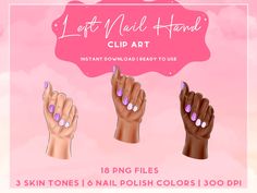 Nail Polish Clipart, Beauty Clipart, Hand Clipart, Painted Nails, Nail Polish Bottles, Different Skin Tones, Nail Polish Colors, Design Set, Digital Clip Art