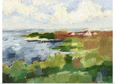 an oil painting of the ocean with green grass and houses in the distance, on a white background