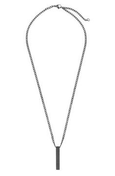 An engravable bar pendant adds a personalized element to this sleek and contemporary necklace. Stainless steel/black plate Imported Black Engraved Rectangular Pendant Necklace, Black Engraved Rectangular Pendant Necklaces, Personalized Black Metal Necklaces, Black Engraved Dog Tag Necklace, Engraved Black Dog Tag Necklace, Minimalist Black Engraved Necklaces, Minimalist Black Engraved Necklace, Black Dog Tag Engraved Necklaces, Black Stainless Steel Pendant Charm Necklace