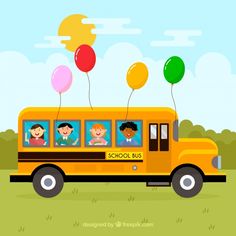 school bus with kids and balloons on the roof