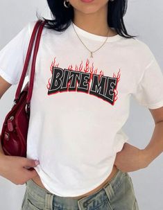 Bite Me Y2K Baby tee, Aesthetic Cropped tee, 90s baby tee, Goth, Punk Trendy shirt, Retro Vintage tee Important: To achieve the Baby Tee look, we use Youth size heavy cotton Gildan 5000B tees. BEFORE ORDERING PLEASE MAKE SURE TO CHECK YOUR MEASUREMENTS.   Heavy Cotton Baby Tee Composition: Solid colors, 100% cotton Sport Grey - 90% cotton, 10% polyester The shoulders have twill tape for improved durability Ribbed knit highly elastic collar with seam helps retain its shape No side seams 💕 Care I Baby Tee Aesthetic, 90s Baby, Y2k Baby Tee, Bite Me, Goth Punk, Baby T Shirts, Cropped Tube Top, Cropped Tee, Trendy Shirts