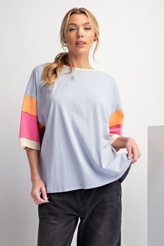 Easel Color Block Sleeves Top in Cotton Blue Shirts & Tops Easel Color Block Blouse, Color Block Top, Sleeves Top, Colour Block, Large Bust, Small Bust, Sleeve Cotton, Drop Shoulder, 1 2 3