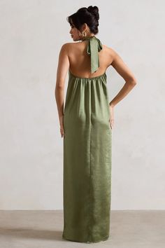 Get ready to wow inGloriana,our elegant olive maxi dress. Designed in a premium satin, this timeless piece boasts a self-tie neckline before leading into a long flowing skirt. The perfect bridesmaid dress, try styling yours with some court heels likeCatcherto add a sparkling touch.   Features  - Premium satin - High neckline  - Self-tie neck strap - Sleeveless - Elasticated back - Maxi length    Sizing & Fit  Model is 5'8 and wears UK size 8 / US size 4   Product Information     Unlined with no stretch  Premium satin in Olive Green (100% Polyester)  157cm total length  SKU: CL132319113 Olive Maxi Dress, Olive Green Bridesmaid Dresses, Long Flowing Skirts, High Neck Maxi Dress, Velvet Prom Dress, Perfect Bridesmaid Dress, Wedding Shoes Bride, Black Dress Prom, Court Heels