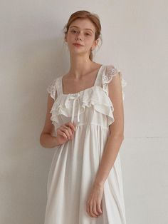 Calf-length dress in featerweight, breathable fabric. Lace-trimmed shoulder straps, flounce-trimmed square neckline and hem. Unlined.- Available in 2 colors- Midi- Sleeveless- Square neckline Dress Pajamas, Calf Length Dress, Square Neckline, Shoulder Straps, Breathable Fabric, Sleeveless Dress, Pajamas, Trim, Square