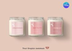 three candles with labels on them sitting next to each other in front of a pink background