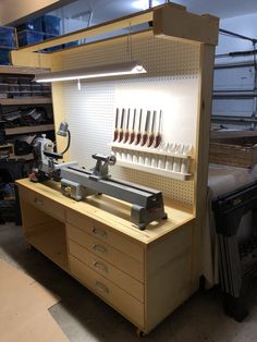 a workbench with many tools on it